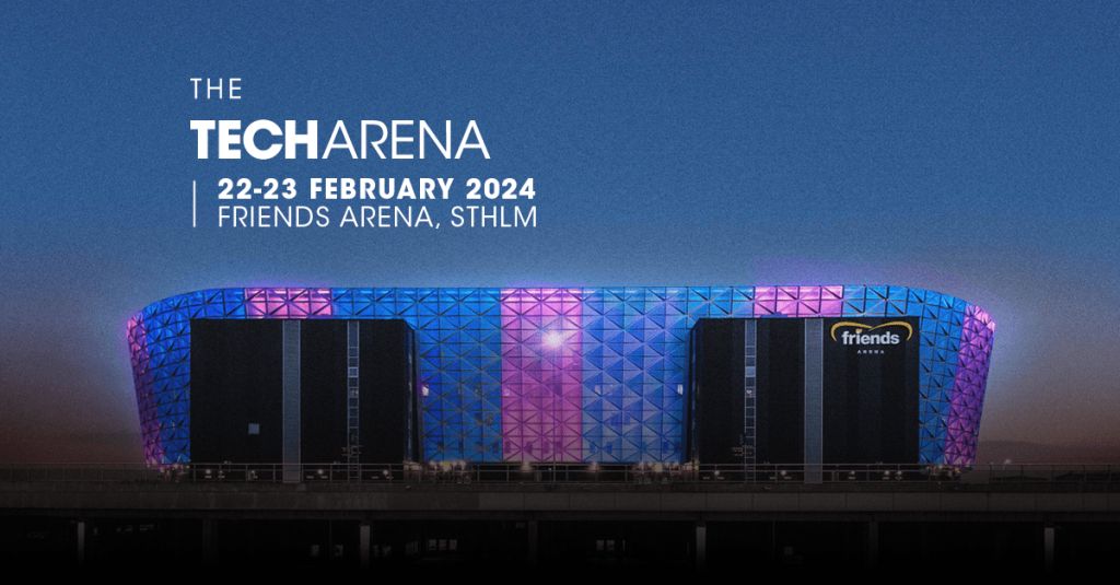 the tech arena 2024 event details on background showing friends arena in stockholm at night